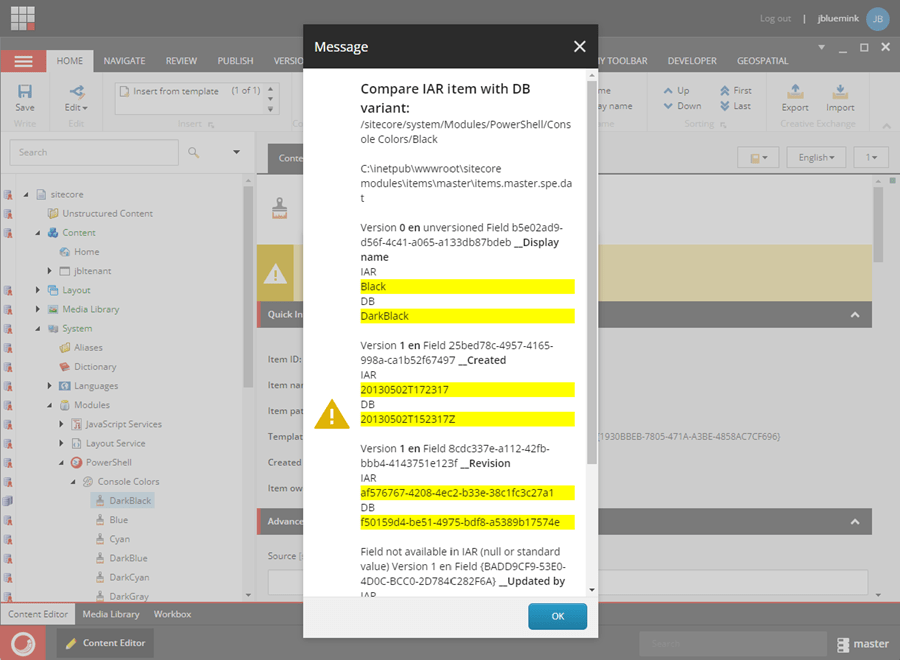 Sitecore Items as Resources Gutter compare