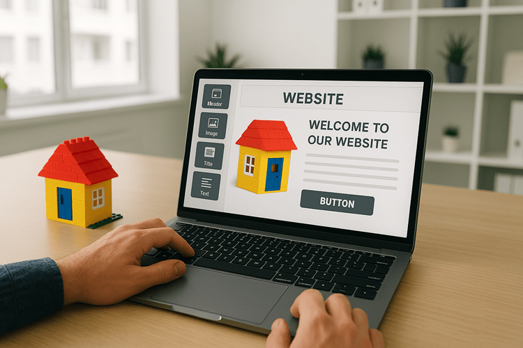 Blog cover Patrick: man die website maakt op laptop met een legohuisje naast hem