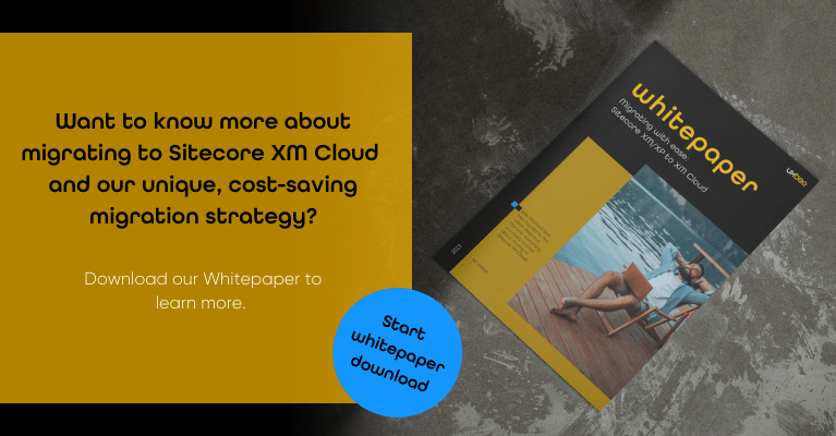 Banner to start downloading the whitepaper on migrating to Sitecore XM Cloud on mobile